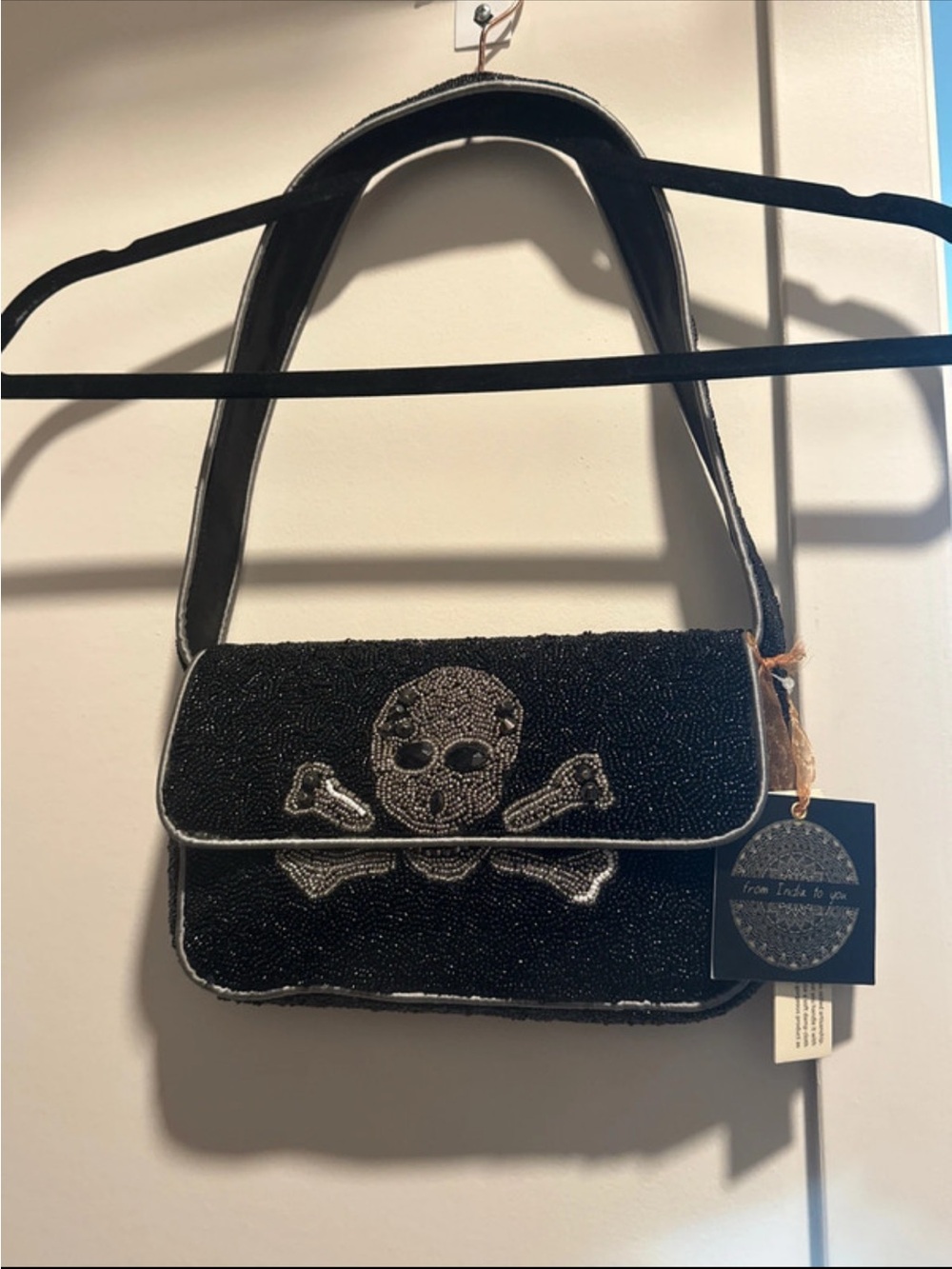 Beaded Skull Crossbones Shoulder Bag - Black
